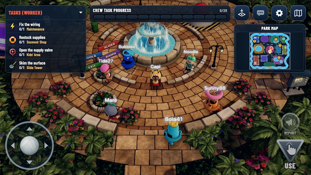 Cena de SplashSus com personagens reunidos ao redor de uma fonte em um parque aquático